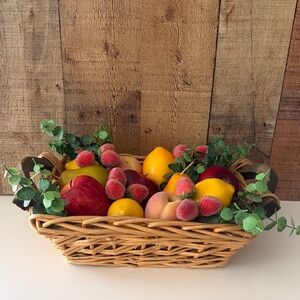 Decorative Wicker Fruit Basket with Wooden Handles with Faux Greenery - Natural